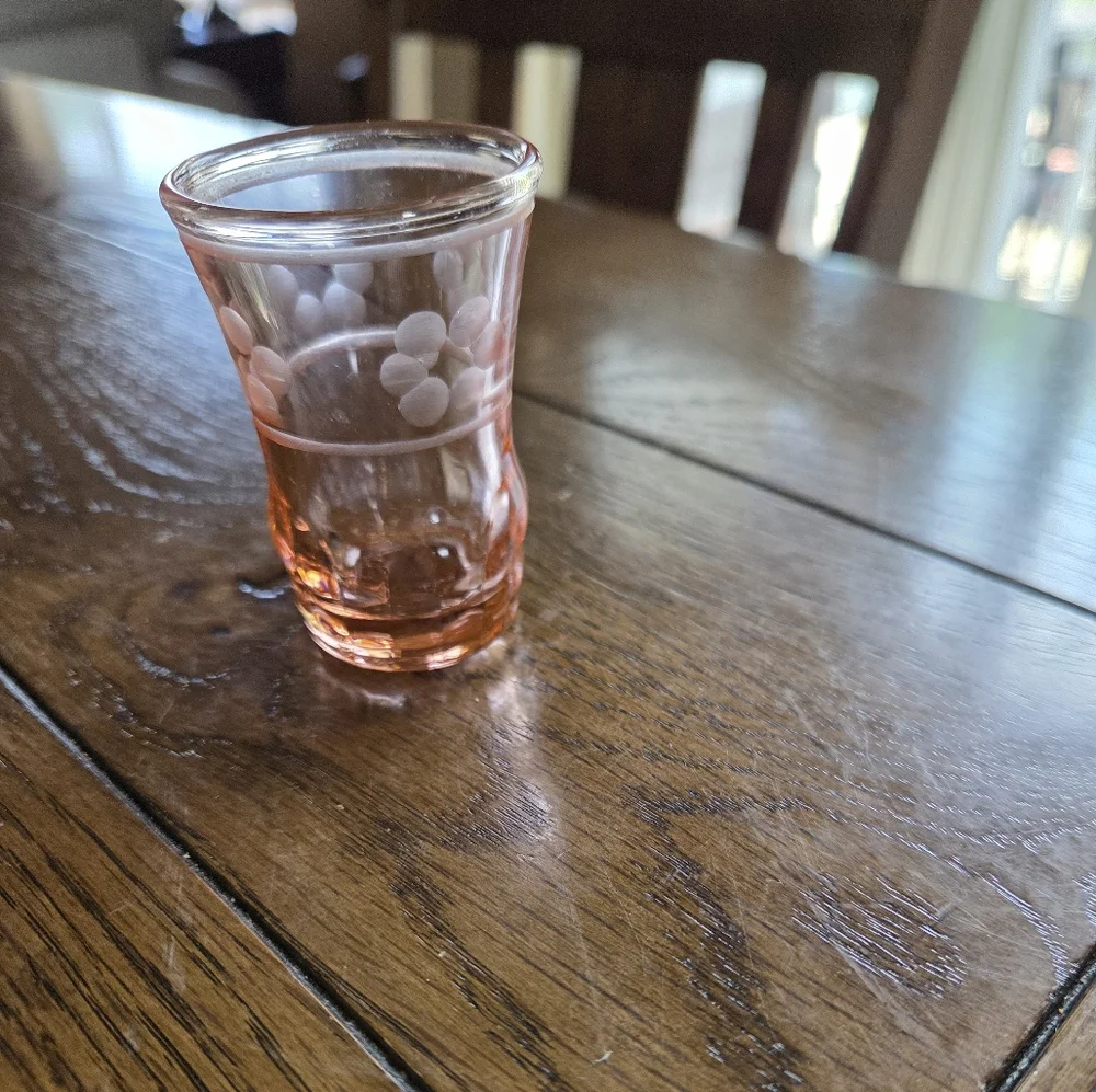 Vintage Pink Depression Shot Glass With Etched Flowers